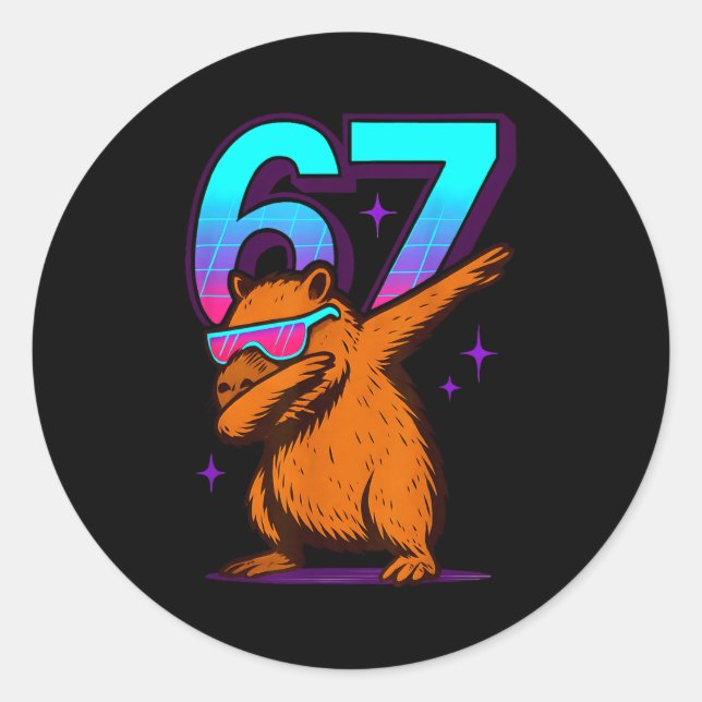 Neon Retro Dabbing Capybara 67 Runder Aufkleber (Vorderseite)