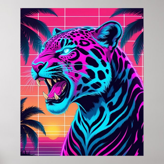 Neon Retro Jaguar - Lebhafter Synthwave 80er Anima Poster (Vorne)