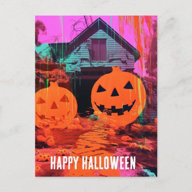 Neon Retro Spuk Halloween House Postkarte (Vorderseite)