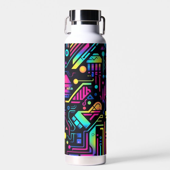Neon Retro Tech Pattern Water Bottle or Tumbler Trinkflasche (Vorne)