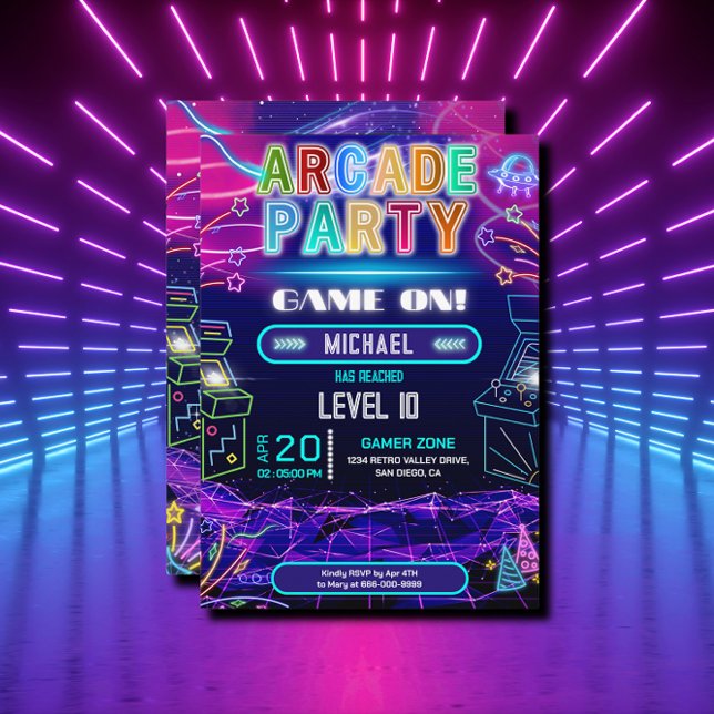 Neon Retro Video Arcade Gaming Geburtstagsparty Einladung (Neon retro arcade gaming party invitation)