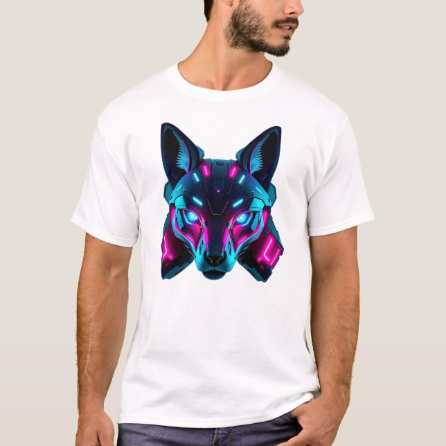 Neon Robotic Fox Face Art T-Shirt (Vorderseite)