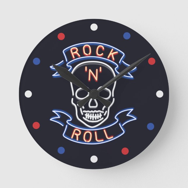 Neon Rock'n'Roll Skull Red Blue White Wall Clock Runde Wanduhr (Vorderseite)