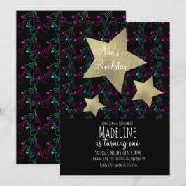 Neon Rockstar Guitar Imitate Gold Star Geburtstag Einladung