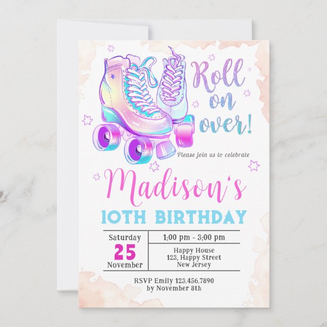Neon Rollerskating Einladung zum Geburtstag (Vorderseite)