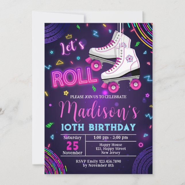 Neon Rollerskating Einladung zum Geburtstag (Vorderseite)