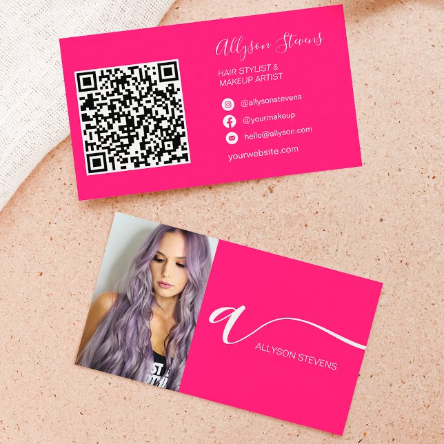 Neon-rosa Haarschminke Foto Initialcode qr Visitenkarte (Neon pink hair makeup photo initial qr code business card)