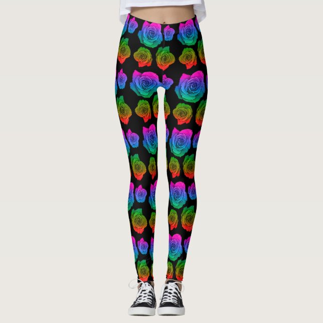 Neon Rose Muster Schwarze Leggings (Vorderseite)