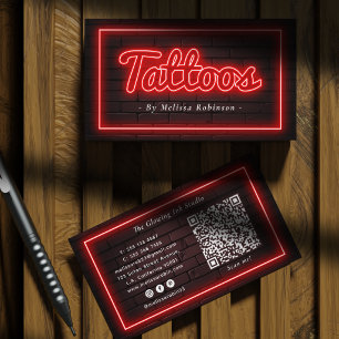 Neon Rot & Dunkle Ziegelwand Tattoo Künstler QR-Co Visitenkarte