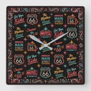 Neon Route 66 Mother Road Motel-Schild Collage Quadratische Wanduhr