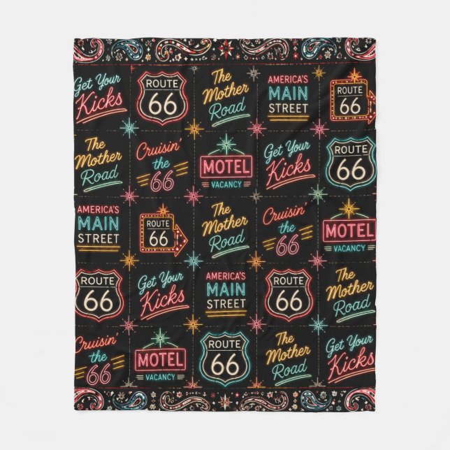 Neon Route 66 Roadtrip-Komfort Fleecedecke (Vorderseite)