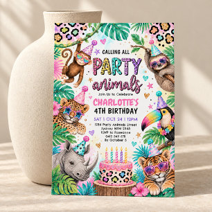 Neon-Safari-Party-Tiere Mädchen-Geburtstag Einladung