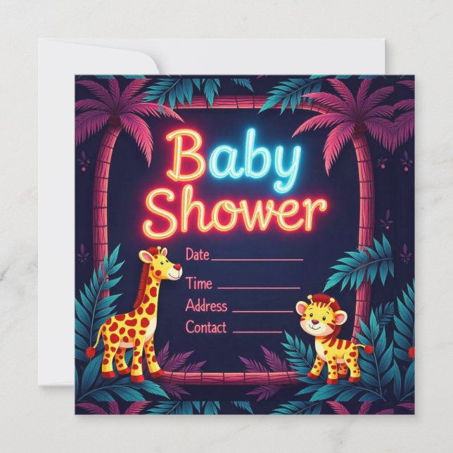 Neon Safari-Themed Kinderdusche Einladung (Vorderseite)