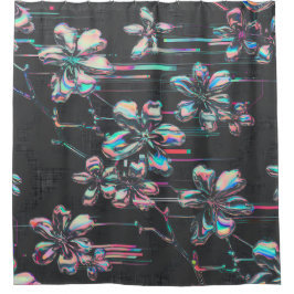 Neon Sakura Glitch – Futuristisches Blumenmuster Duschvorhang