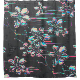 Neon Sakura Glitch – Futuristisches Blumenmuster Duschvorhang