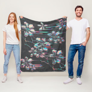 Neon Sakura Glitch – Futuristisches Blumenmuster Fleecedecke