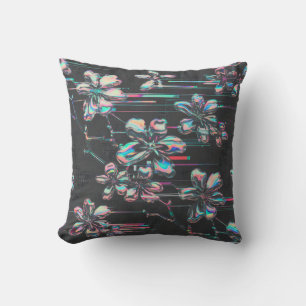 Neon Sakura Glitch – Futuristisches Blumenmuster Kissen