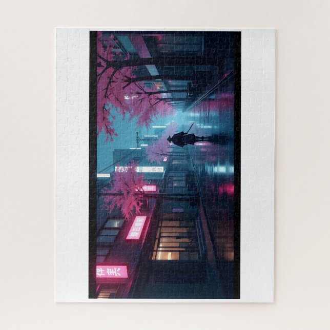 Neon-Samurai-Nächte-Puzzle – Retro-Anime-Tokio-Sze Puzzle (Vertikal)