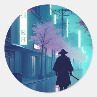 Neon Samurai Sticker – Retro Anime Cyberpunk Tokyo