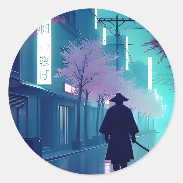 Neon Samurai Sticker – Retro Anime Cyberpunk Tokyo (Vorderseite)