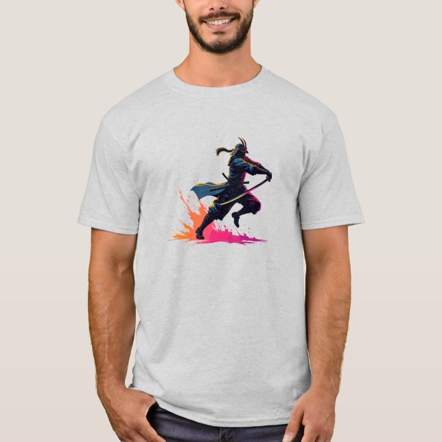 Neon Samurai Warrior in Action Retro Art T-Shirt (Vorderseite)