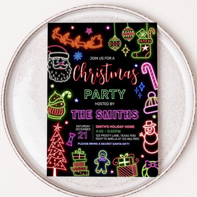 Neon Santa Christmas Party Einladung (Neon Santa Claus Christmas Party Invitation)