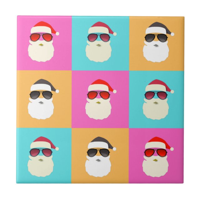 Neon Santa mit Sonnenbrille Cooles Farbmuster Fliese (Vorderseite)