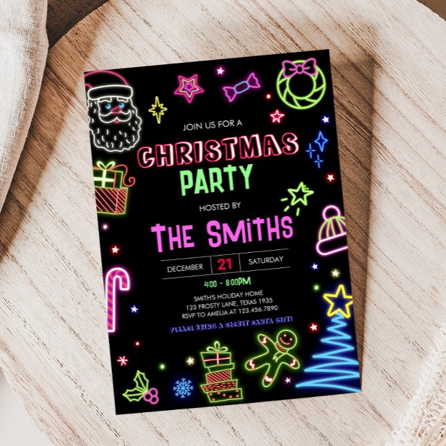 Neon Santa Modern Christmas Party Einladung (Modern Neon Santa Christmas Party Invitation)
