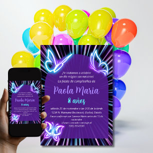 Neon Schmetterling Schwarz Lila Mädchen Geburtstag Einladung