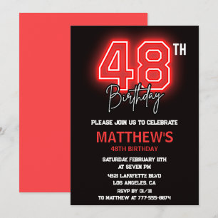 Neon Schwarz Rot Männer Sport 48. Geburtstag Einladung