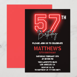 Neon Schwarz Rot Männer Sport 57. Geburtstag Einladung