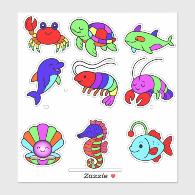 Neon Sea Creatures Sticker Pack – 9 Vibrant Underw (Blatt)