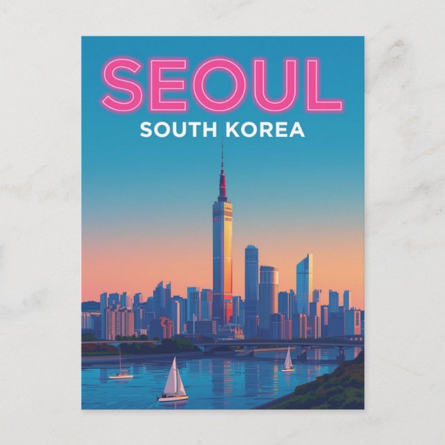 Neon Seoul Skyline Travel Postkarte (Vorderseite)