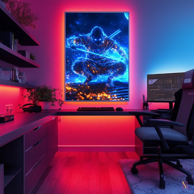 Neon Shadow Assassin - Cyberpunk Ninja in Blue Fla Poster (Von Creator hochgeladen)