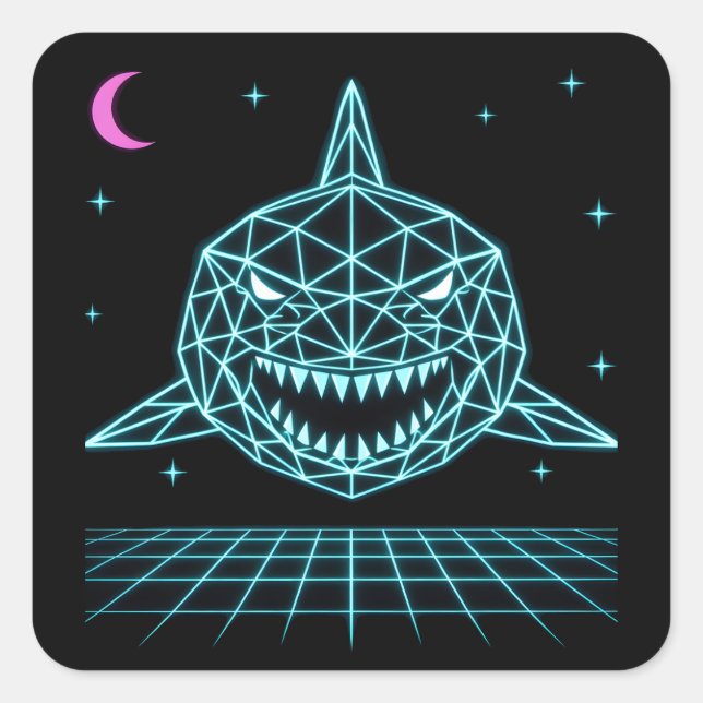 Neon Shark Synthwave - Retro Ocean Predator Quadratischer Aufkleber (Vorderseite)