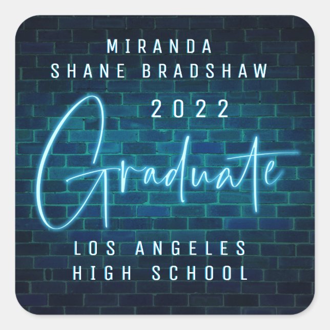 Neon Sign Blue Graduate Square Sticker (Vorderseite)