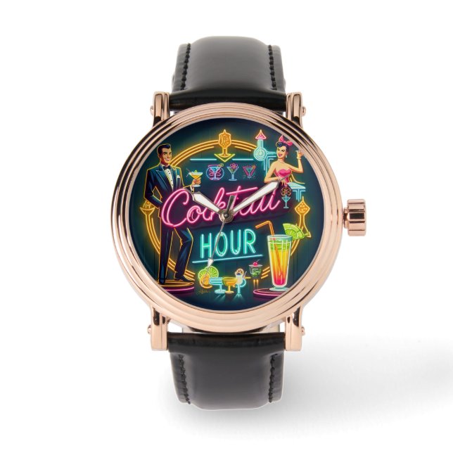 Neon Sign Cocktail Hour Couple aus dem Mittelalter Armbanduhr (Vorderseite)