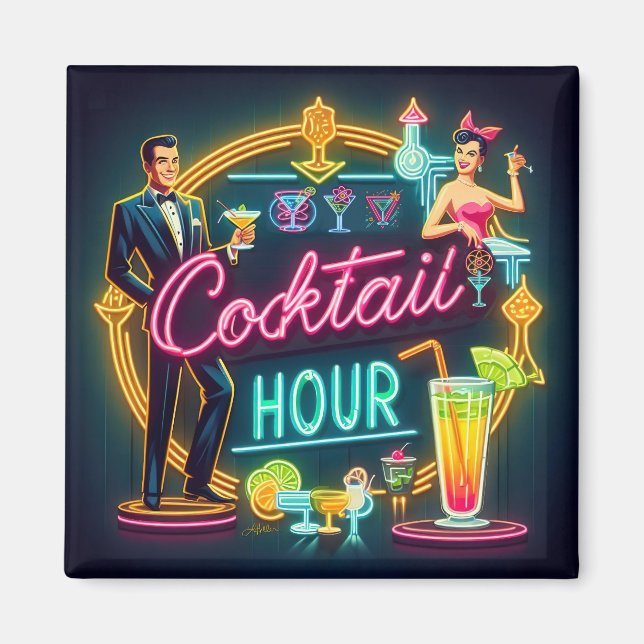 Neon Sign Cocktail Hour Couple aus dem Mittelalter Magnet (Vorne)
