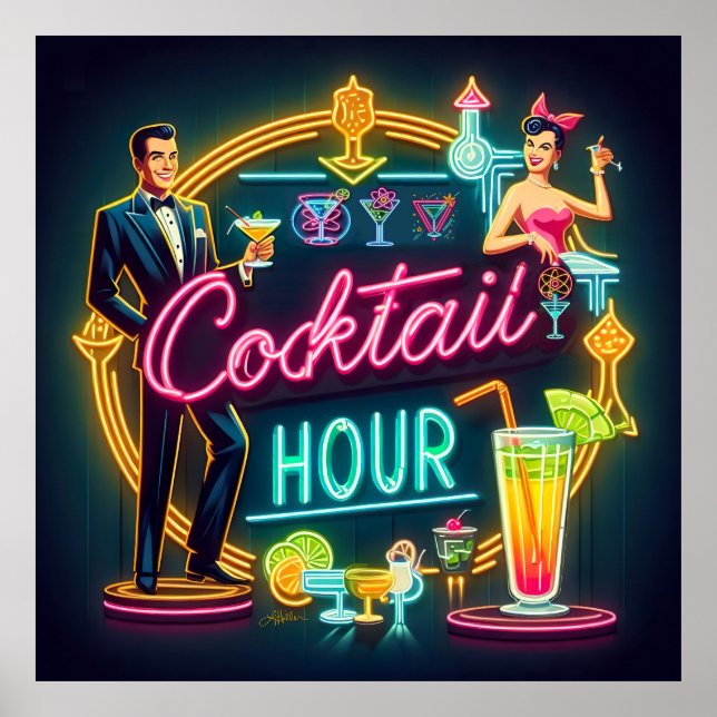 Neon Sign Cocktail Hour Couple aus dem Mittelalter Poster (Vorne)