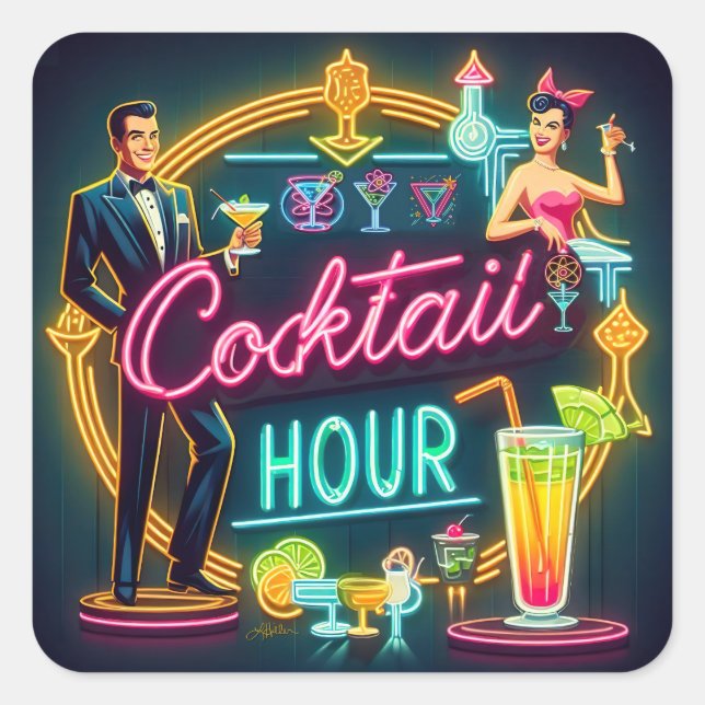 Neon Sign Cocktail Hour Couple aus dem Mittelalter Quadratischer Aufkleber (Vorderseite)
