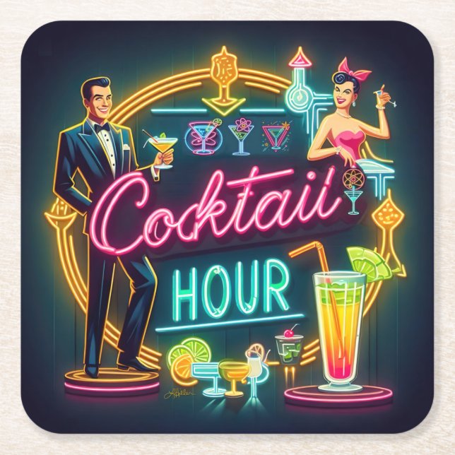 Neon Sign Cocktail Hour Couple aus dem Mittelalter Rechteckiger Pappuntersetzer (Vorderseite)
