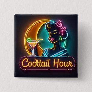 Neon Sign Cocktail Hour Woman Mitte des Jahrhunder Button