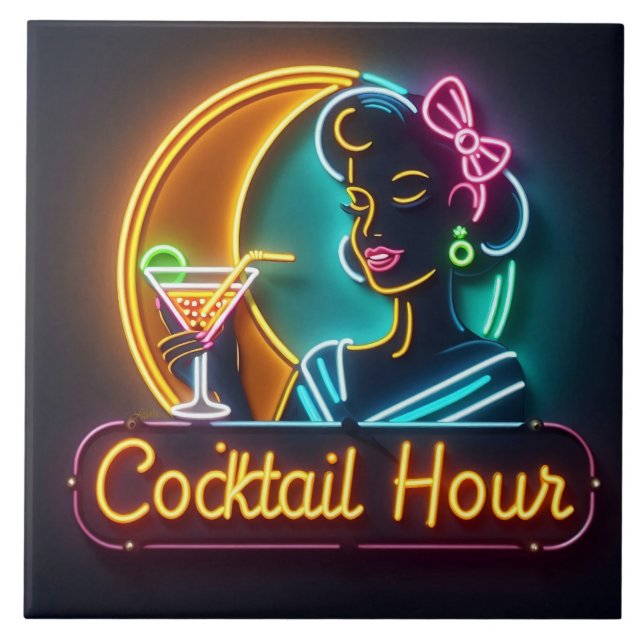 Neon Sign Cocktail Hour Woman Mitte des Jahrhunder Fliese (Vorderseite)