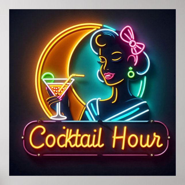 Neon Sign Cocktail Hour Woman Mitte des Jahrhunder Poster (Vorne)