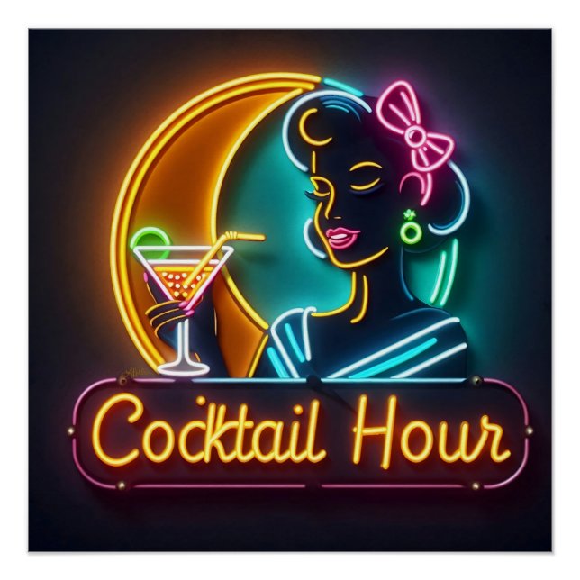 Neon Sign Cocktail Hour Woman Mitte des Jahrhunder Poster (Vorderseite)