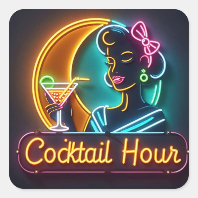 Neon Sign Cocktail Hour Woman Mitte des Jahrhunder Quadratischer Aufkleber (Vorderseite)