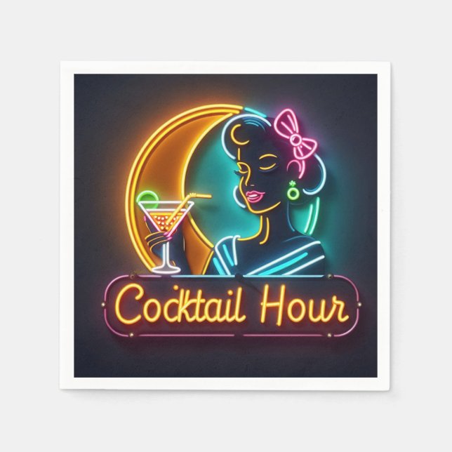Neon Sign Cocktail Hour Woman Mitte des Jahrhunder Serviette (Vorderseite)