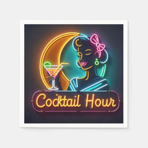 Neon Sign Cocktail Hour Woman Mitte des Jahrhunder Serviette