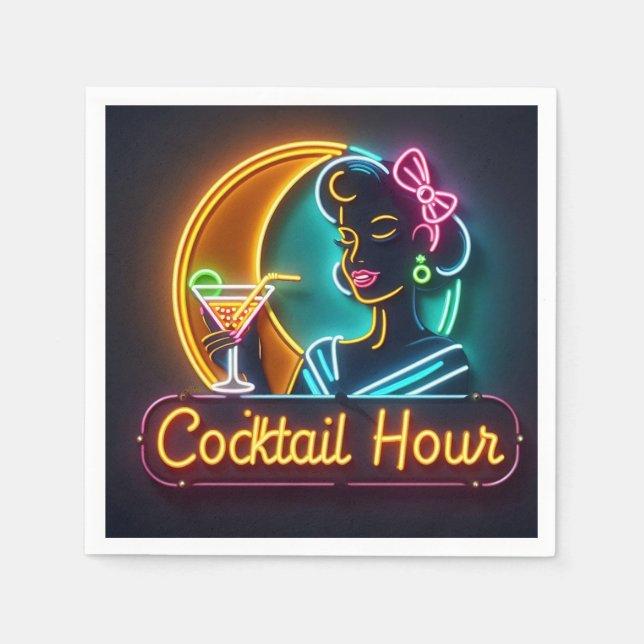 Neon Sign Cocktail Hour Woman Mitte des Jahrhunder Serviette (Vorderseite)