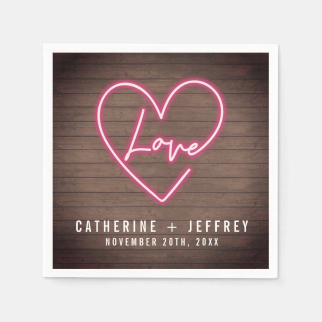 Neon Sign Liebe Heart Wood Wedding Serviette (Vorderseite)